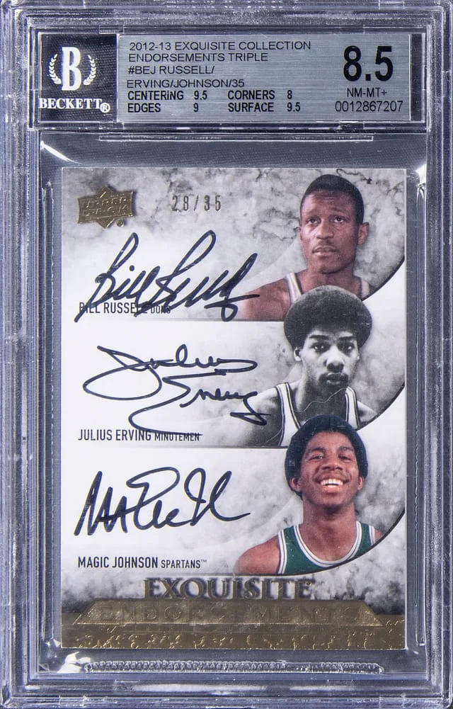 2012-13 Upper Deck Exquisite Collection Bill Russell/Julius Erving/Magic Johnson Multi-Signed Endorsements Triple #EE3-BEJ card image