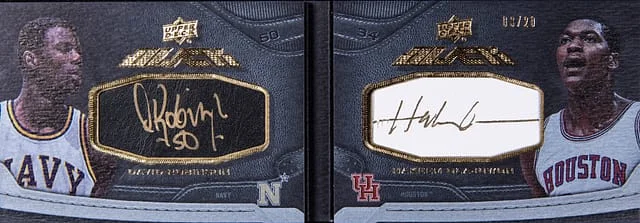2012-13 Upper Deck Exquisite Collection David Robinson/Hakeem Olajuwon UD Black Leather Autographs Dual #L-RO card image