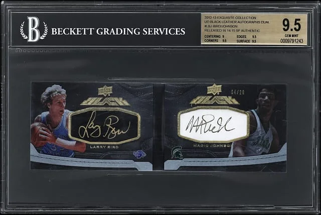 2012-13 Upper Deck Exquisite Collection Larry Bird/Magic Johnson UD Black Leather Autographs Dual #LBJ card image