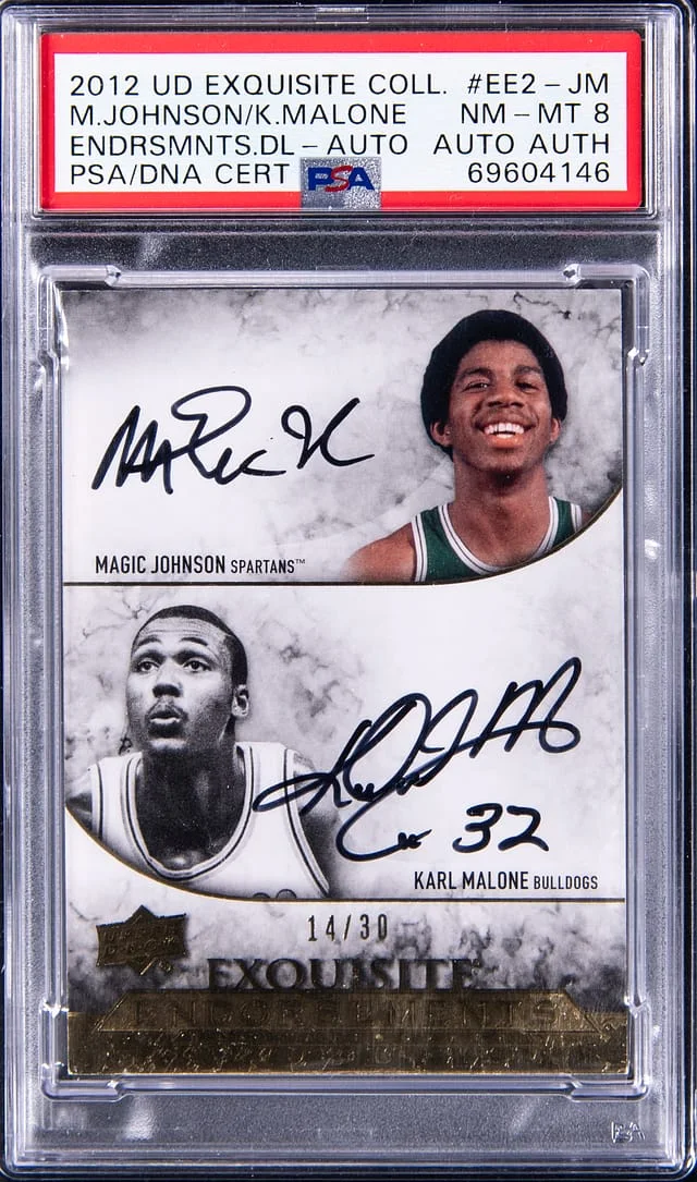 2012-13 Upper Deck Exquisite Collection Magic Johnson/Karl Malone Endorsements Dual Autograph #EE2-JM card image