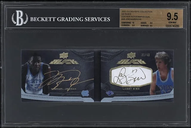2012-13 Upper Deck Exquisite Collection Michael Jordan/Larry Bird UD Black Leather Autographs Dual #L-JB card image