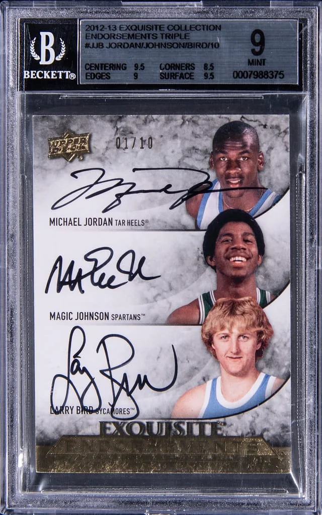 2012-13 Upper Deck Exquisite Collection Michael Jordan/Magic Johnson/Larry Bird Multi-Signed Endorsements Triple #EE3-JJB card image