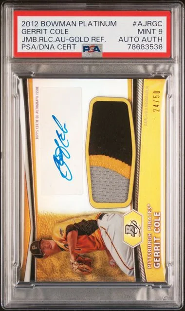 2012 Bowman Platinum Gerrit Cole Jumbo Relic Autograph Gold Refractor #AJRGC card image