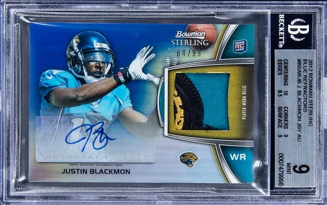 2012 Bowman Sterling Justin Blackmon Blue Refractors #BSAR-JB card image