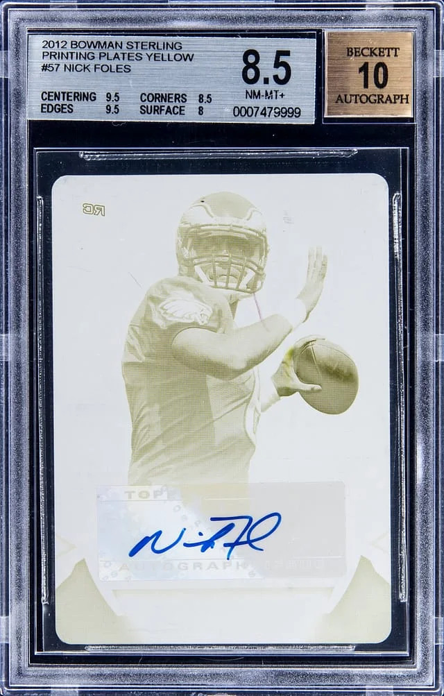 2012 Bowman Sterling Nick Foles Printing Plates Yellow #57 card image
