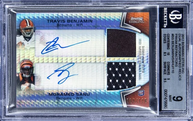 2012 Bowman Sterling Travis Benjamin/Mohamed Sanu Dual Autographed Relics Prism Refractors #BSPDAR-BS card image