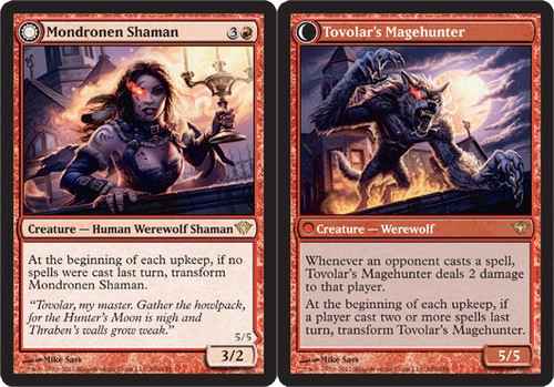 2012 Dark Ascension Mondronen Shaman // Tovolar's Magehunter rare #98 unlisted card image