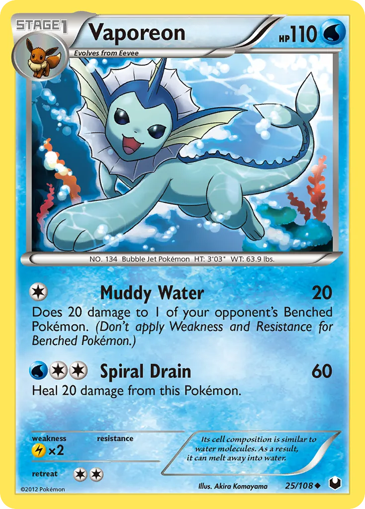 2012 Dark Explorers Vaporeon Uncommon #025/108 Uncommon card image