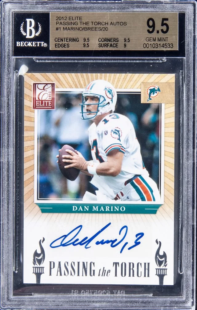2012 Elite Dan Marino/Drew Brees Dual Passing The Torch Autograph #1 card image