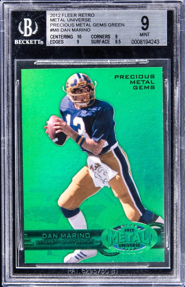 2012 Fleer Retro Dan Marino Metal Universe Precious Metal Gems Green #M8 card image
