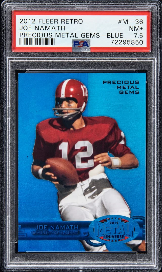 2012 Fleer Retro Joe Namath Metal Precious Metal Gems (PMG) Blue #M-36 card image