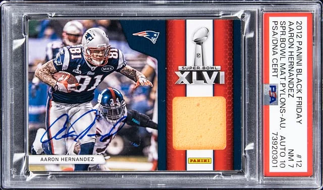 2012 Panini Black Aaron Hernandez Friday Super Bowl Materials Pylons Autograph #12 card image