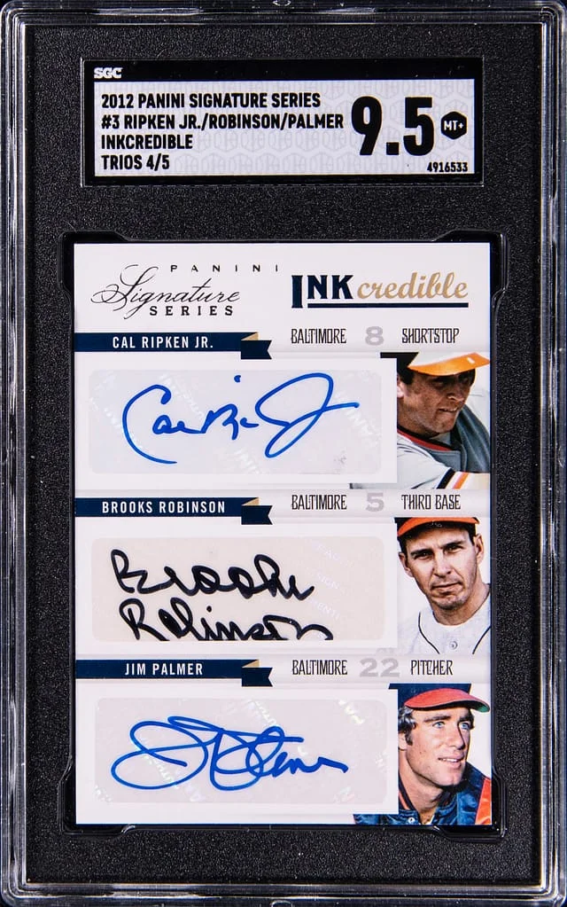 2012 Panini Cal Ripken Jr./Brooks Robinson/Jim Palmer Signature Series Inkredible Trios #3 card image