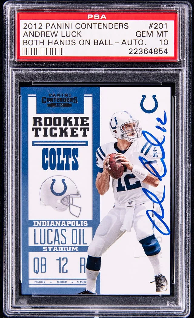 2012 Panini Contenders Andrew Luck, Both Hands on Ball Autograph #201 card image