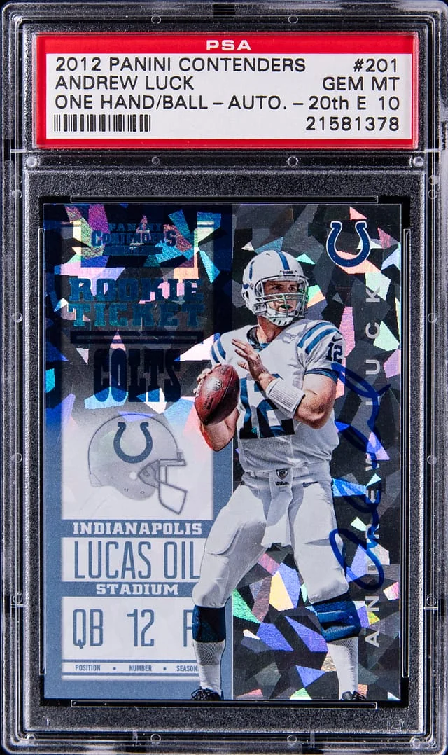 2012 Panini Contenders Andrew Luck, One Hand on Ball Ticket RPS Autograph 20th Edition #201 card image