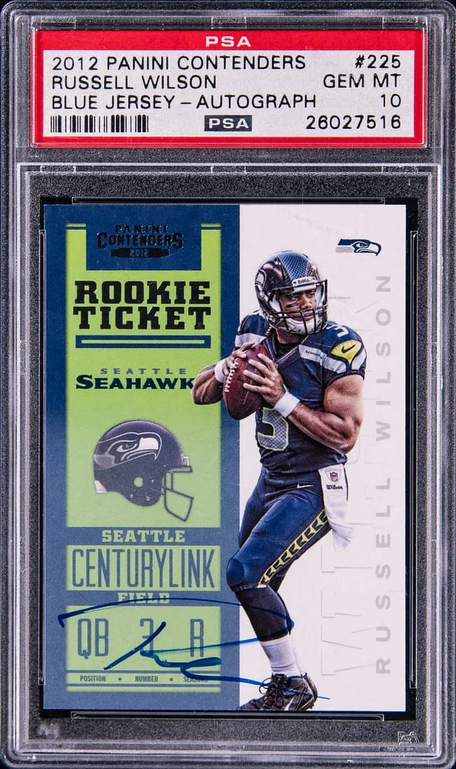 2012 Panini Contenders Russell Wilson, Blue Ticket Autograph #225 card image