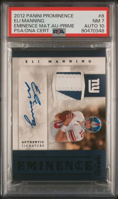 2012 Panini Eli Manning Prominence Eminence Material Autograph Prime #8 card image
