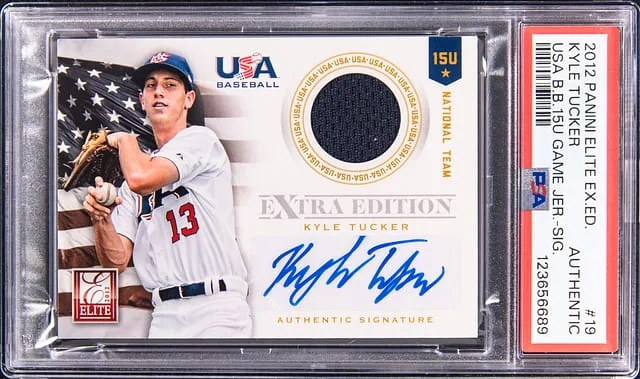 2012 Panini Elite Kyle Tucker Elite Extra Edition USA Baseball 15u Game Jersey Signature #19 card image