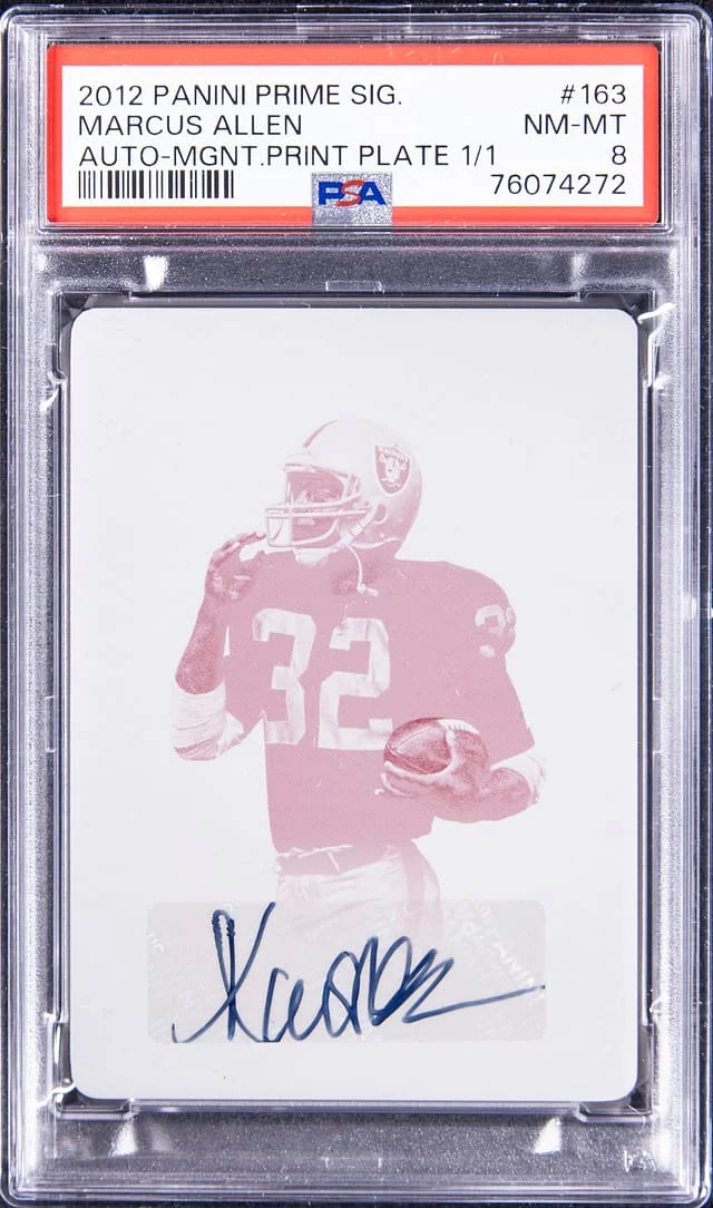 2012 Panini Marcus Allen Prime Signatures Autograph Magenta Printing Plate #163 card image