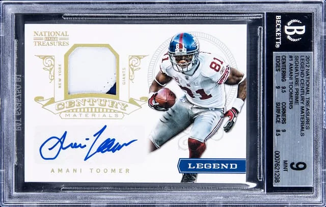 2012 Panini National Treasures Amani Toomer Legend Century Materials Signature Prime #1 card image