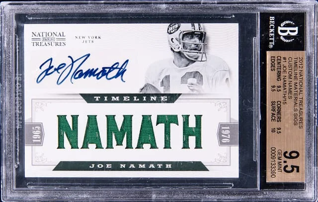 2012 Panini National Treasures Joe Namath Timeline Materials Signatures Custom Names #1 card image