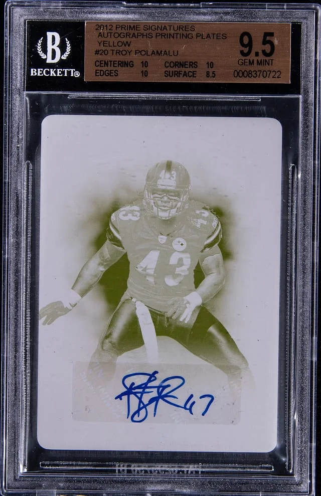 2012 Panini Troy Polamalu Prime Signatures Autograph Printing Plate Yellow #20 card image