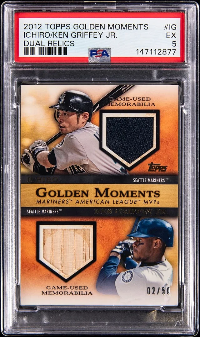 2012 Topps Ichiro/ Ken Griffey Jr. Golden Moments Dual Relics #IG card image