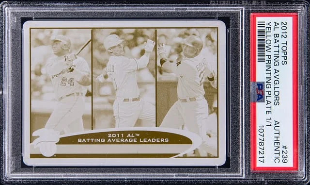 2012 Topps Miguel Cabrera/Michael Young/Adrian Gonzalez AL Batting Average Leaders Yellow Printing Plate #239 card image