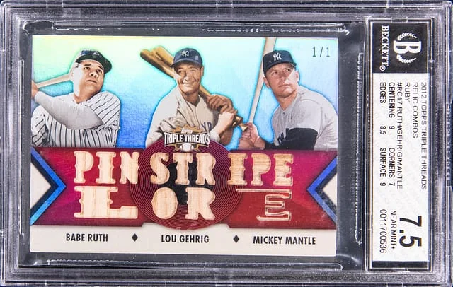 2012 Topps Triple Threads Babe Ruth/Lou Gehrig/Mickey Mantle Game-Used Relic Combos Ruby #TTRC-17 card image