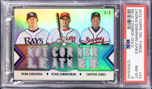 2012 Topps Triple Threads Evan Longoria, Ryan Zimmerman, Chipper Jones Relic Combos Gold #24 card image