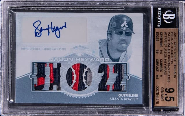2012 Topps Triple Threads Jason Heyward Relic Autograph White Whale Printing Plates #TTAR-157 card image