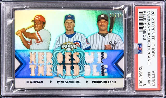 2012 Topps Triple Threads Joe Morgan, Ryne Sandberg, Robinson Cano Relic Combos #TTRC-7 card image