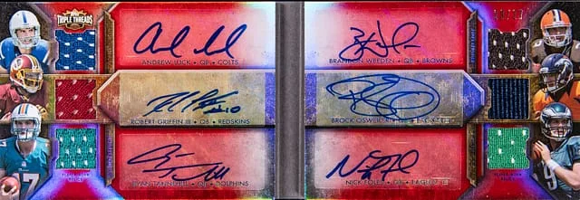 2012 Topps Triple Threads Luck/Tannehill/Osweiler/Griffin III/Weeden/Foles Multi-Signed Autograph Relic Double Combos Book #TTARDC-12 card image