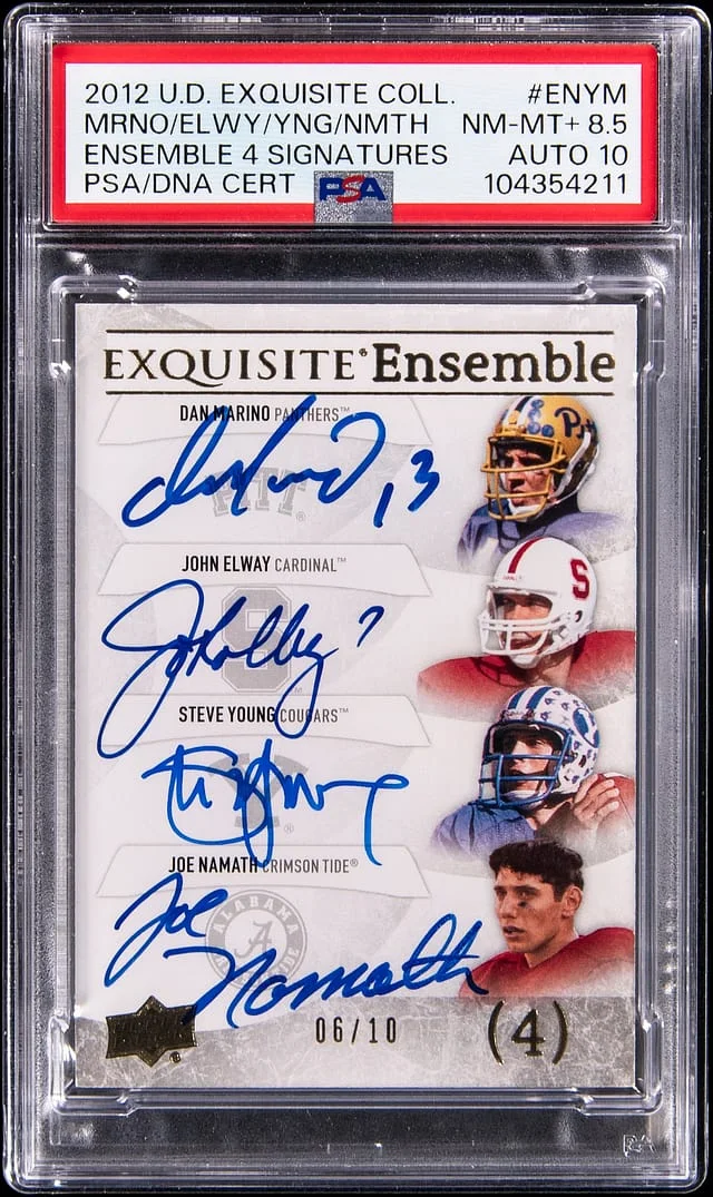 2012 Upper Deck Exquisite Collection Dan Marino/John Elway/Steve Young/Joe Namath Multi-Signed Ensemble 4 Signatures #EE4-ENYM card image