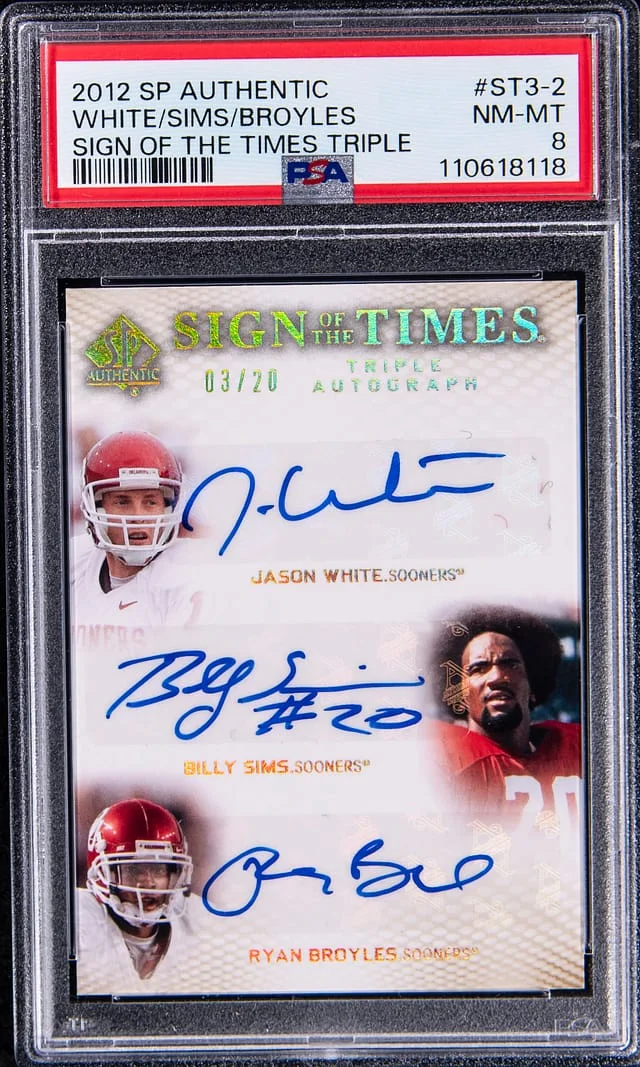 2012 Upper Deck SP Authentic Jason White/Billy Sims/Ryan Broyles Sign of the Times Triple Autograph #ST3-2 card image