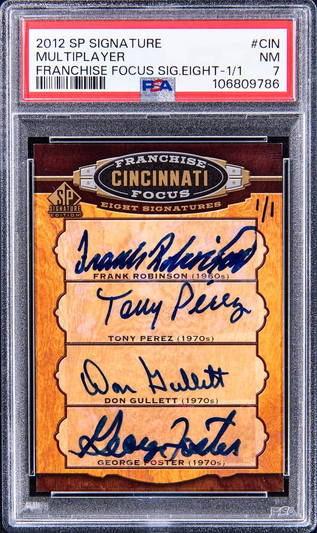 2012 Upper Deck SP Robinson/Perez/Gullett/Foster/Bench/GriffeySr/Davis/Griffey Jr. Multi-Signed Signature Franchise Focus Signatures Eight #CIN card image