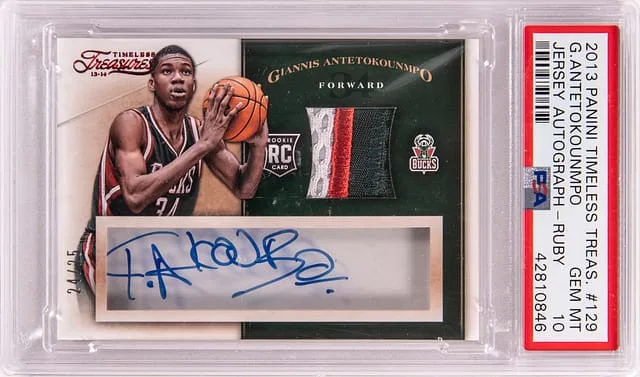 2013-14 Panini Giannis Antetokounmpo Timeless Treasures Patch Autograph (RPA) Ruby #129 card image
