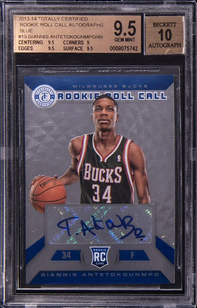2013-14 Panini Giannis Antetokounmpo Totally Certified Roll Call Autographs Blue #19 card image