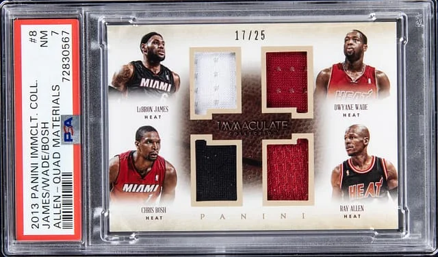 2013-14 Panini Immaculate Collection LeBron James/Dwyane Wade/Chris Bosh/Ray Allen Quad Materials #8 card image