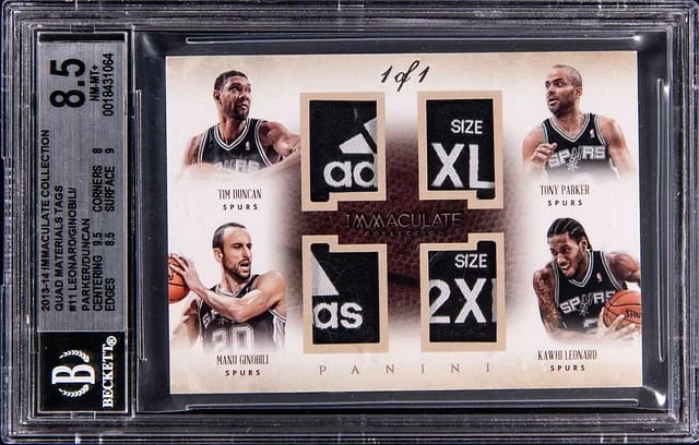 2013-14 Panini Immaculate Collection Tim Duncan/Manu Ginobili/Tony Parker/Kawhi Leonard Quad Material Tags #11 card image