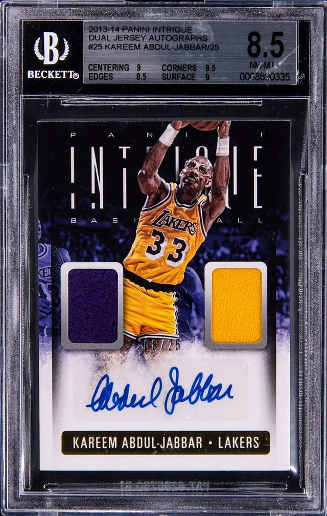 2013-14 Panini Kareem Abdul-Jabbar Intrigue Dual Jersey Autographs #25 card image