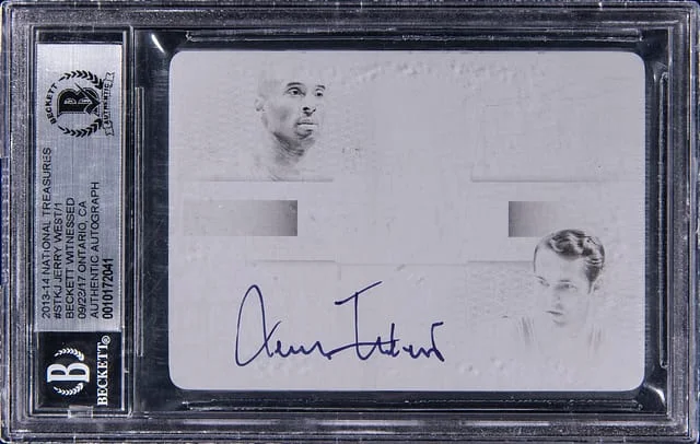 2013-14 Panini National Treasures Jerry West/Kobe Bryant Spanning Time Dual Signatures Printing Plate #STKJ card image