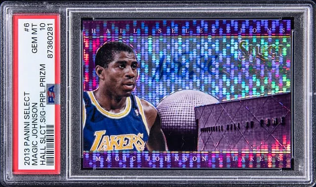 2013-14 Panini Select Magic Johnson Hall Selections Signatures Purple Prizm #6 card image