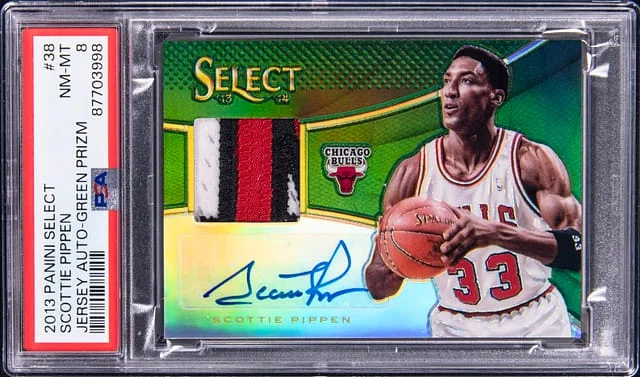 2013-14 Panini Select Scottie Pippen Jersey Autograph Green Prizm #38 card image