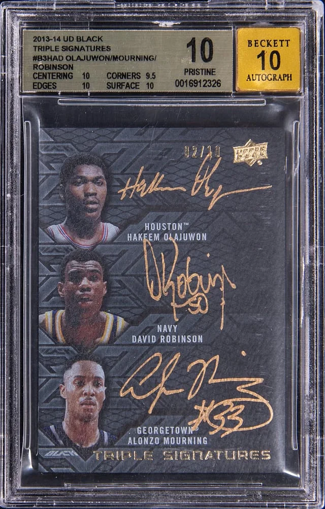 2013-14 Upper Deck Black Hakeem Olajuwon/David Robinson/Alonzo Mourning Multi-Signed Triple Signatures #B3-HAD card image