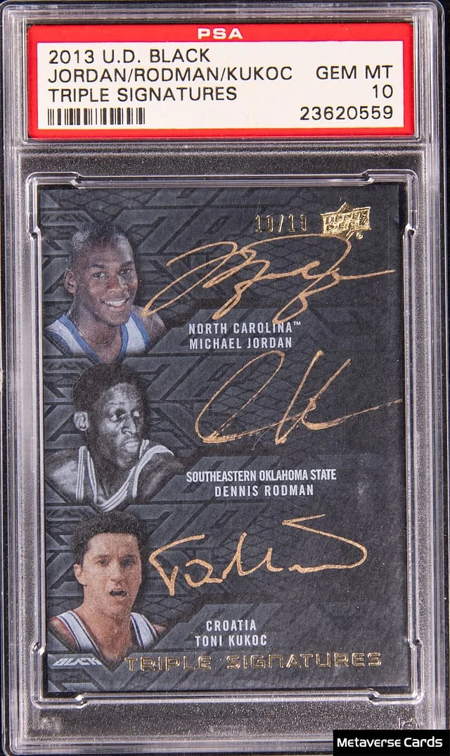 2013-14 Upper Deck Black Michael Jordan/Dennis Rodman/Toni Kukoc Multi-Signed Triple Signatures #B3-JRK card image