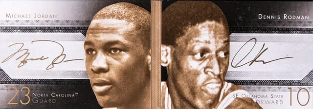 2013-14 Upper Deck Exquisite Collection Michael Jordan/Dennis Rodman Game Face Autograph Booklets Dual #GFD-JR card image