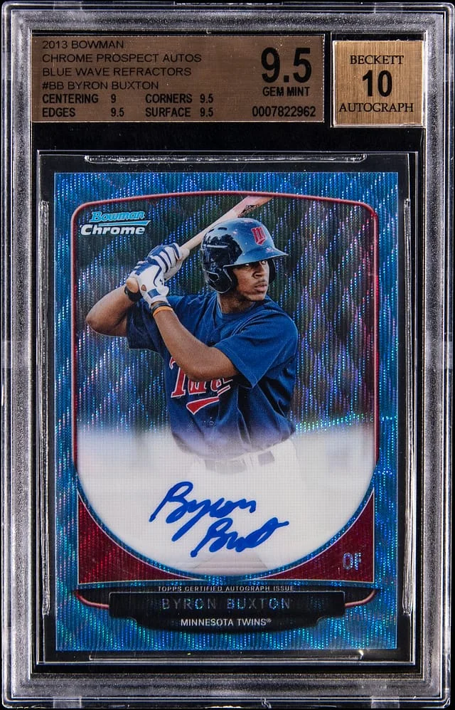 2013 Bowman Chrome Byron Buxton Prospect Autographs Blue Wave Refractor #BCP-BB card image