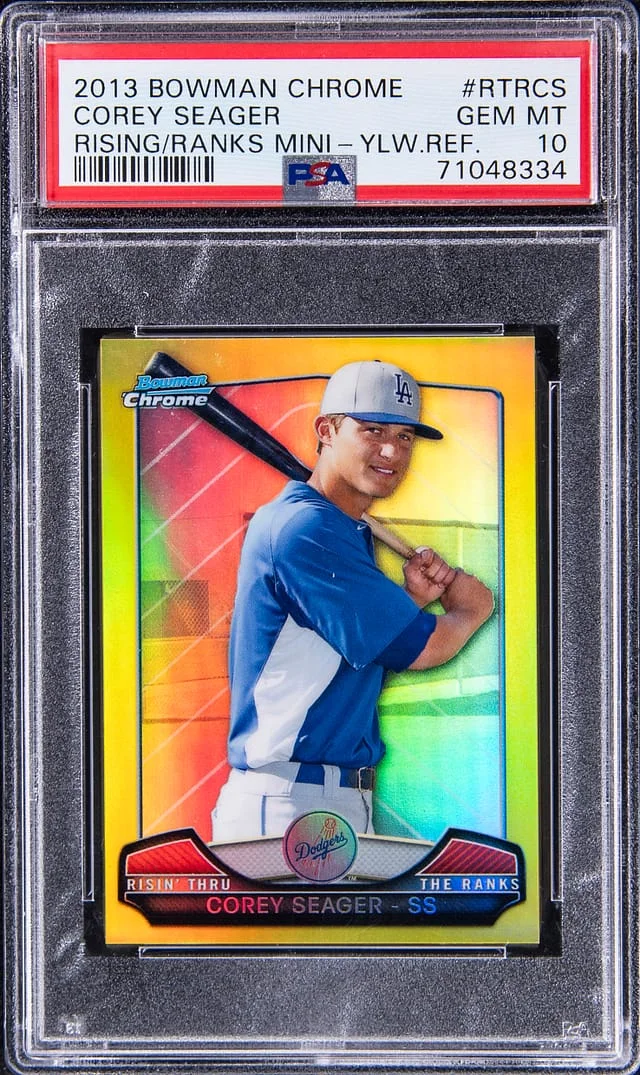 2013 Bowman Chrome Corey Seager Rising Thru the Ranks Mini Yellow Refractor #RTRCS card image