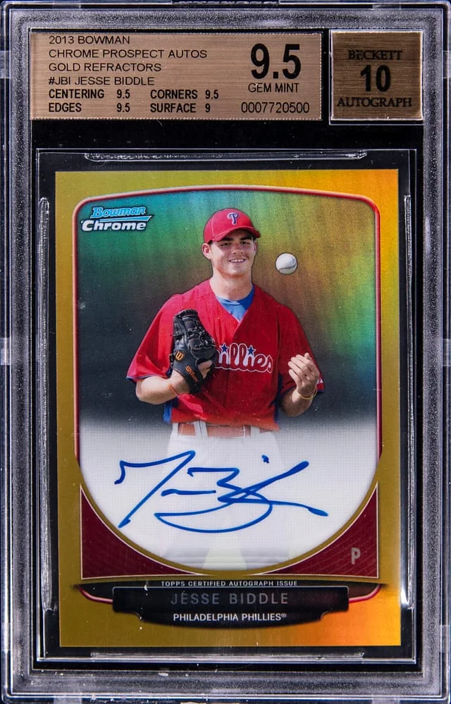 2013 Bowman Chrome Jesse Biddle Prospect Autographs Gold Refractor #JBI card image